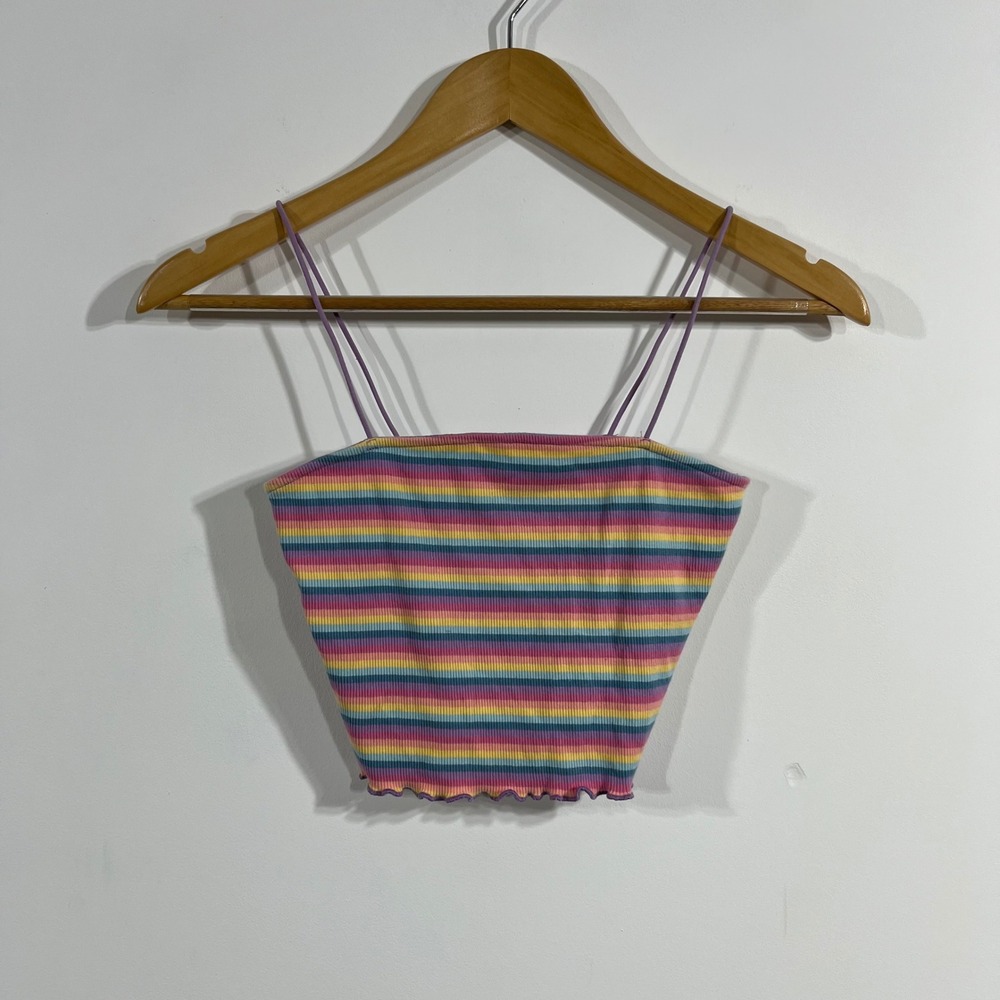 Fashion Nova Retro Festival Boho‎ Rainbow Striped Ribbed Crop Top Lettuce Small